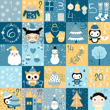 Christmas Advent Calendar, Countdown To Christmas In Blue Colors