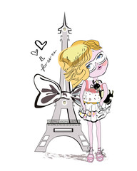 Sticker - Fashion girl with a dog and the Eiffel tower.