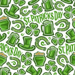 Vector Seamless Pattern on St. Patrick's Day theme, Green leprechaun hat, lucky horseshoe, magic clover, pot with golden coins on white background, green wrapping paper pattern, greeting wallpaper art