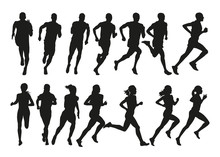 Set Of Silhouettes Of Running Men And Women