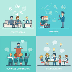 Wall Mural - linear flat people business coach brainstorming coffee vector