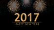 2017 New Year's eve illustration, card with colorful fireworks and golden Happy New Year text on black background 