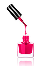 Nail Polish Dripping From Brush Into Bottle On White Background