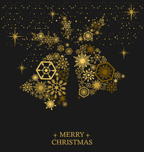 Golden Christmas Bells With Snowflakes On A Black Background. Ho
