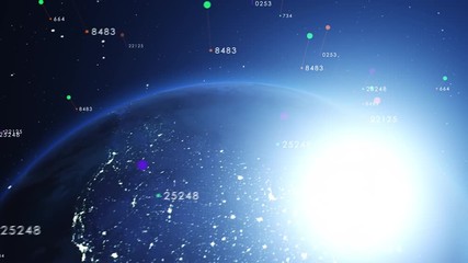 Wall Mural - blue shiny earth orbiting slowly with numbers around.