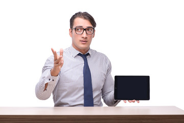 Handsome businessman working with tablet computer isolated on wh