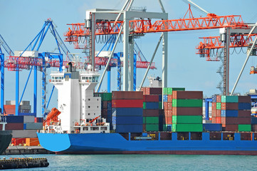 Port cargo crane, ship and container