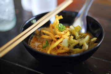 Curried Noodle Soup (Khao soi) with coconut milk, Northern Thai