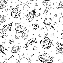 Sticker - space texture with planets, stars, spaceships. vector seamless doodle pattern
