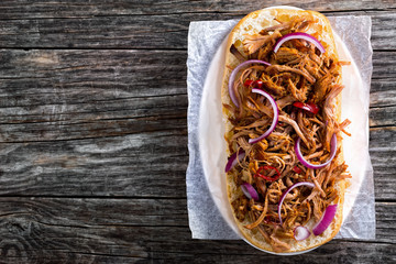 Canvas Print - Barbeque Pulled Pork ciabatta open Sandwich, top view