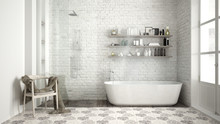 Scandinavian Bathroom, Classic White Vintage Interior Design