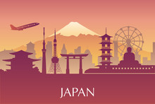 Silhouette Illustration Of Tokyo City In Japan.Japan Landmarks F