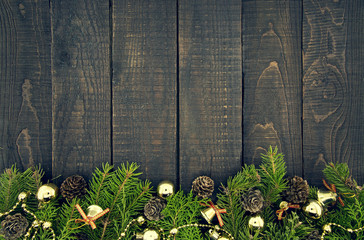 Wall Mural - Composition with decorated Christmas tree on dark rustic wooden