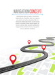 Navigation concept with pin pointer vector illustration. Map marker pointer on road map. GPS navigation system banner. Cartography mapping, ui pinning, discovery, geotag, tourism geolocation.