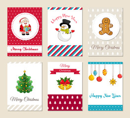Wall Mural - Christmas greeting cards and Xmas party invitations set. Colorful Merry Christmas and Happy New Year concepts with Santa, snowman, gingerbread cookies, Christmas tree, bells, toys vector illustrations