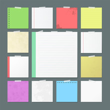 Paper Banners For Notes. Square Sheets Of Checkered And Color Paper Attached With Sticky Tape Isolated Vector Illustrations Set. Torn Notebook And Copybook Pages Used As Stickers On Adhesive Tape