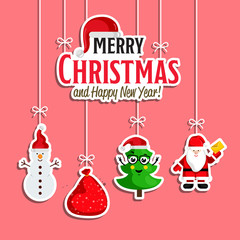 Wall Mural - Christmas holiday decoration. Santa Claus, sack of gifts, cute Christmas tree and snowman hanging on ropes vector. Merry Christmas and Happy New Year concept for greeting card, Xmas party invitation
