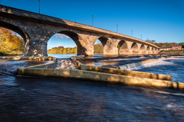 Poster - Hexham Bridge and Fish Pass, which has just opened this year, on the weir below the bridge, to help returning salmon migrate up the River Tyne