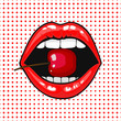 Close up view of young pretty woman lips portrait biting a cherry. Open month with white teeth eating a red cheery. halftone dots background. Pop art comic style.