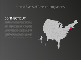 Canvas Print - United States of America, aka USA or US, map infographics template. 3D perspective dark theme with pink highlighted Connecticut, state name and text area on the left side.