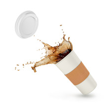 Coffee Splash In Paper Cup Isolated