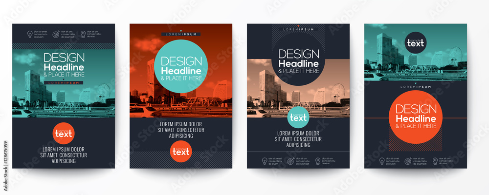 collection of modern design poster flyer brochure cover layout template with circle shape graphic elements and space for photo background - obrazy, fototapety, plakaty 