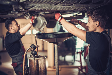 Poster - Profecional car  mechanic changing motor oil in automobile engin