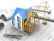 3d illustration of house construction over drawings background with crane