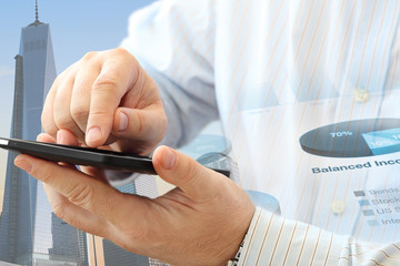 Poster - Close up of man using smartphone on urban background 