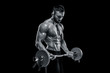 © nazarovsergey - muscular man lifting weights over dark background
