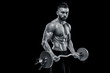 © nazarovsergey - muscular man lifting weights over dark background