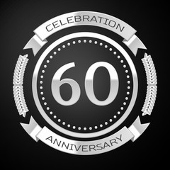 Wall Mural - Sixty years anniversary celebration with silver ring and ribbon on black background. Vector illustration