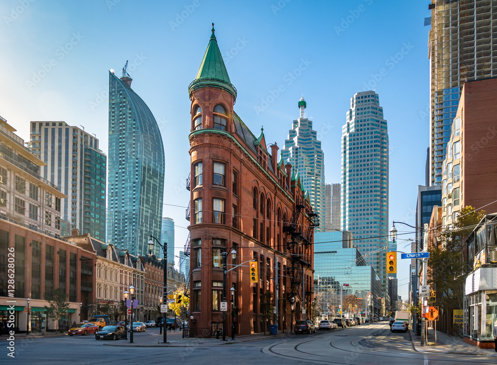 Gooderham or Flatiron Building in downtown Toronto - Toronto, Ontario, Canada - obrazy, fototapety, plakaty 