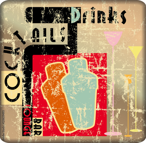 Obraz w ramie Old cocktail bar sign, grungy style.Vector illustration