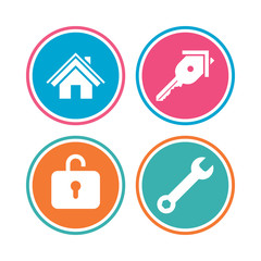 Wall Mural - Home key icon. Wrench service tool symbol. Locker sign. Main page web navigation. Colored circle buttons. Vector