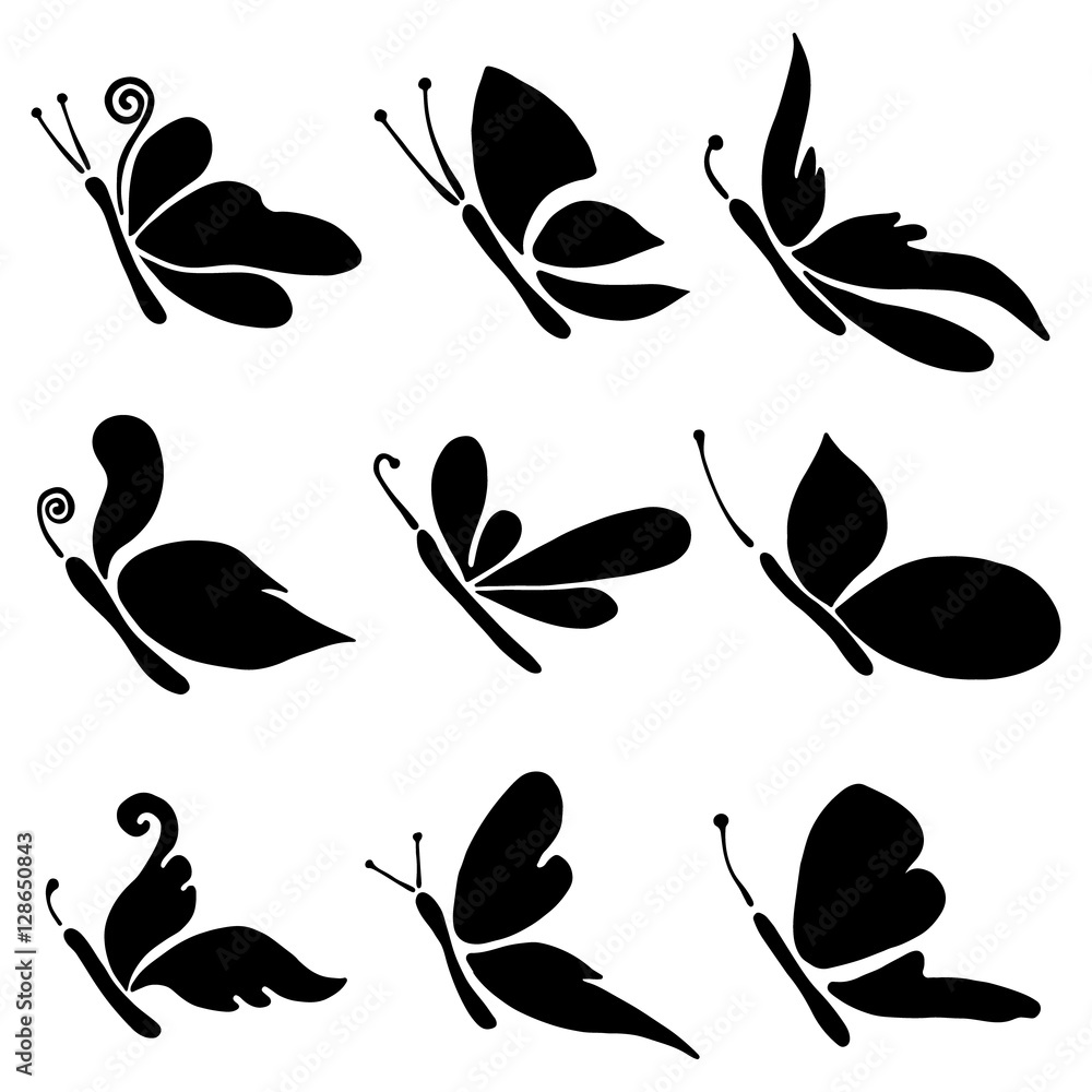 Set of vector black and white illustration of insect. Butterfly ...