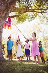 Little girl is going to broke the pinata for her birthday