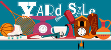 Yard Sale Banner With Assorted Household And Sport  Items Lying On A Table, EPS 8 Vector Illustration, No Transparencies 