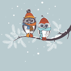 Wall Mural - Template card with owls on branch. Greeting card for winter holidays. Drawing owl couple. 