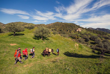 Group Of Hikers Along The Edward Lear Path, Reggio Calabria, Calabria, Italy