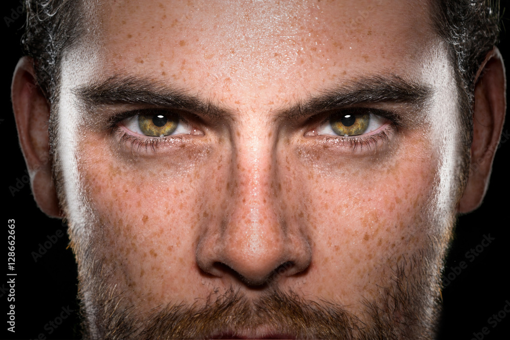 Conviction focused determined passionate confident powerful eyes stare intense athlete exercise trainer male
 - obrazy, fototapety, plakaty 