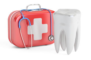 Tooth and First Aid Kit, dental first aid concept, 3D rendering