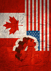 Wall Mural - Web Banner, Header Layout Template. Politic and economic relationship between USA and Canada. National flags on concrete textured backdrop