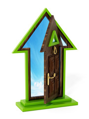 Wall Mural - Rising arrow shaped half open door. 3D illustration