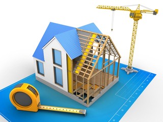 Wall Mural - 3d illustration of house construction over blueprint background with crane