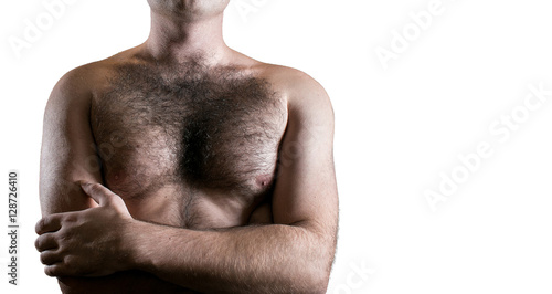 Plakat Mężczyzna z kosmatą klatką piersiową odizolowywającą na białym tle dla teksta.