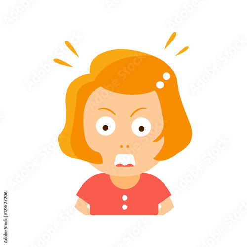 Fotografija Little Red Head Girl In Red Dress Enraged Flat Cartoon Character Portrait Emoji