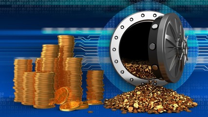 Wall Mural - 3d illustration of vault door and coins over digital background with coins