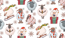 Seamless Texture With Colorful Christmas Cartoon Sheep. Vector Background For Wraps, Wallpaper, Fabric And Your Creativity
