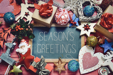 Wall Mural - ornaments and gifts and text seasons greetings